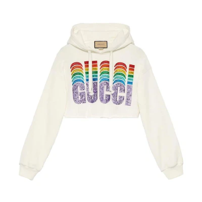 (Women) FW23 Gucci Sequin Logo Crop Hoodie White 688197-XJE5O-9088