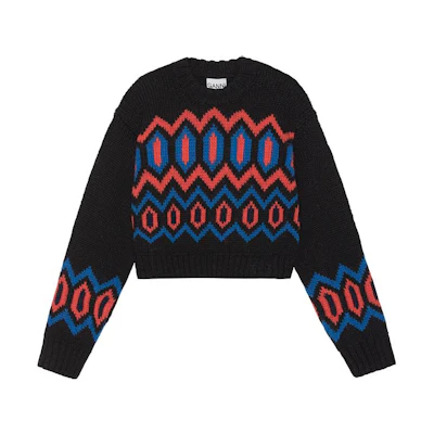 (Women) GANNI Black Floral Embroidery Knit Pullover Sweater Crewneck. K2011-099