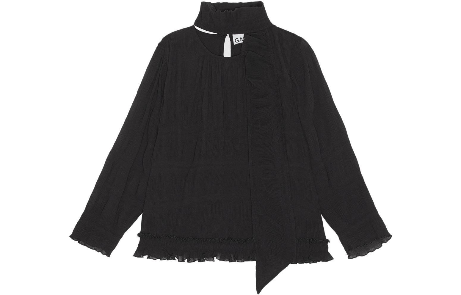 (Women) GANNI  Black Pleated Georgette Scarf Long Sleeve Shirt F8318-099