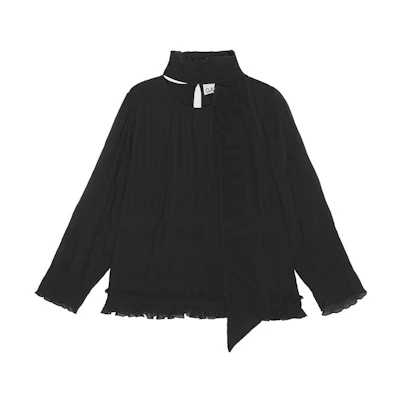(Women) GANNI Black Pleated Georgette Scarf Long Sleeve Shirt F8318-099