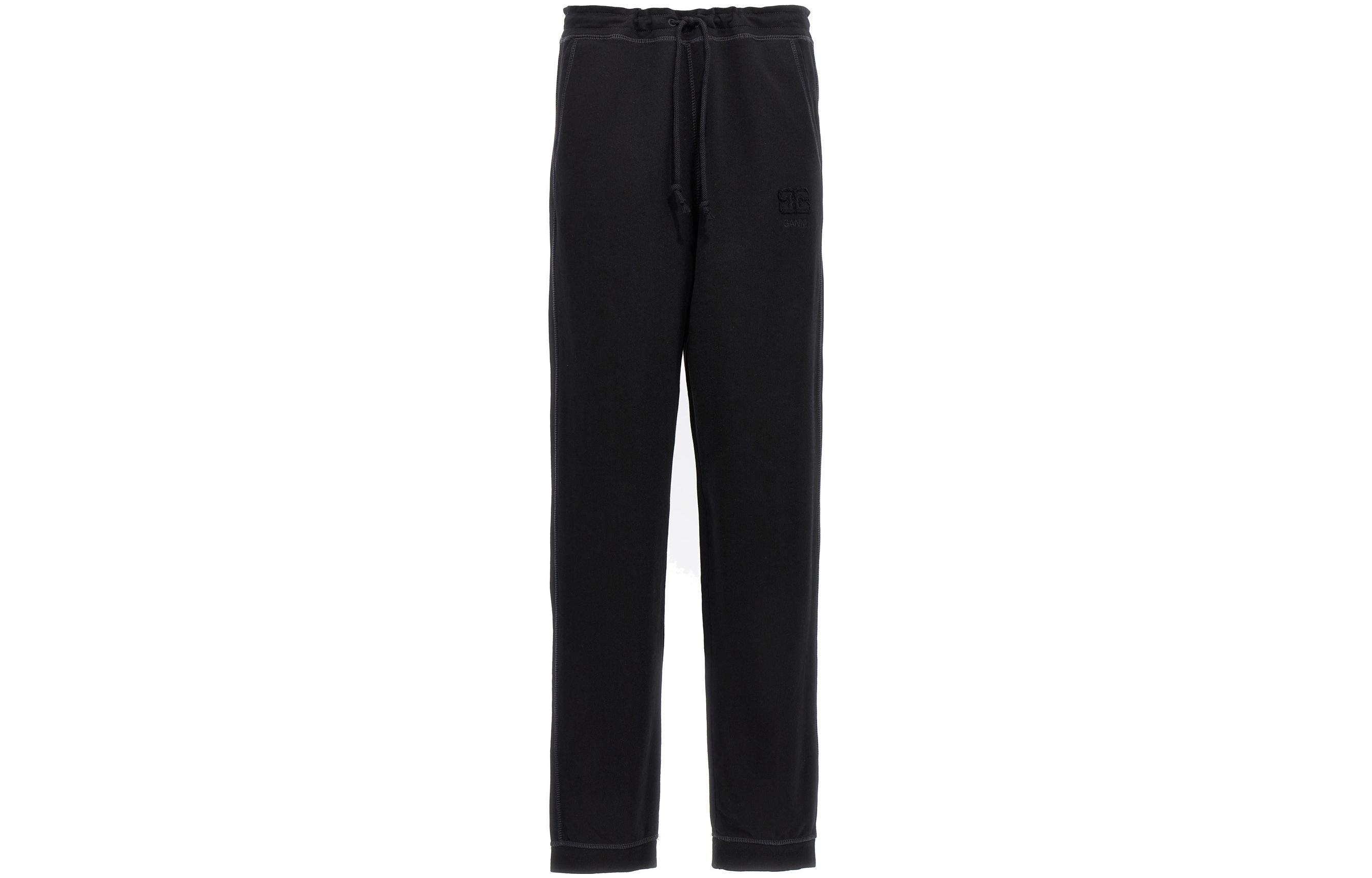 (Women) GANNI  Black Solid Mid-Waist Straight-Leg Tie Casual Pants T3563099