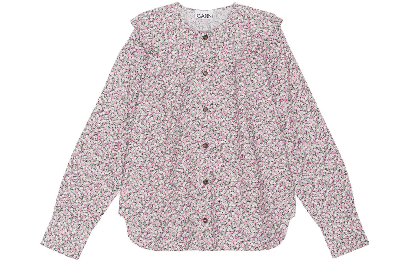 (Women) GANNI  Casual Printed Cotton Long Sleeve Shirt Frost Gray F8218-523