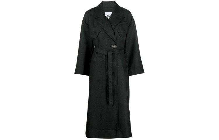 (Women) GANNI  Charcoal Black V-Neck Belted Long Coat F7177-252