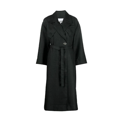 (Women) GANNI Charcoal Black V-Neck Belted Long Coat F7177-252
