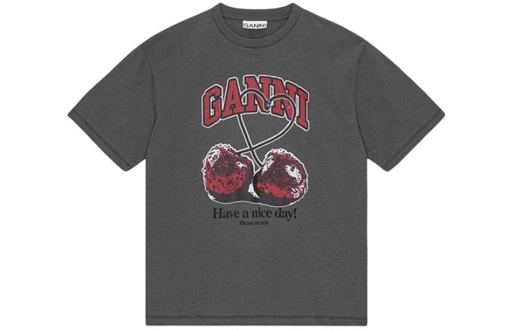 (Women) GANNI  Cherry Print Oversized T-Shirt Volcanic Gray SS24 Casual Tee. T3879490