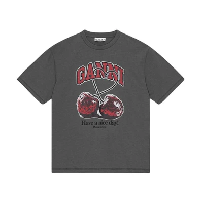 (Women) GANNI Cherry Print Oversized T-Shirt Volcanic Gray SS24 Casual Tee. T3879490