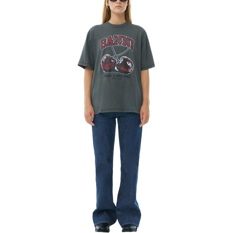 Lookbook (W) 가니 체리 프린트 오버사이즈 티셔츠 화산 그레이 SS24 캐주얼 티. T3879490