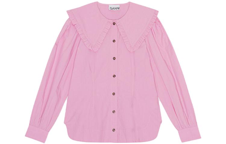 (Women) GANNI  Cotton Poplin Long-Sleeve Shirt with Peter Pan Collar Lavender. F8639761