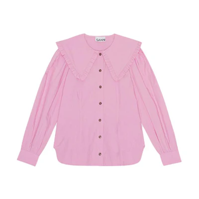 (Women) GANNI Cotton Poplin Long-Sleeve Shirt with Peter Pan Collar Lavender. F8639761