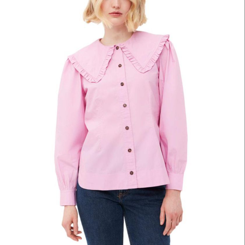 Lookbook (W) 가니 코튼 폴린 피터팬 칼라 긴팔 셔츠 라벤더. F8639761