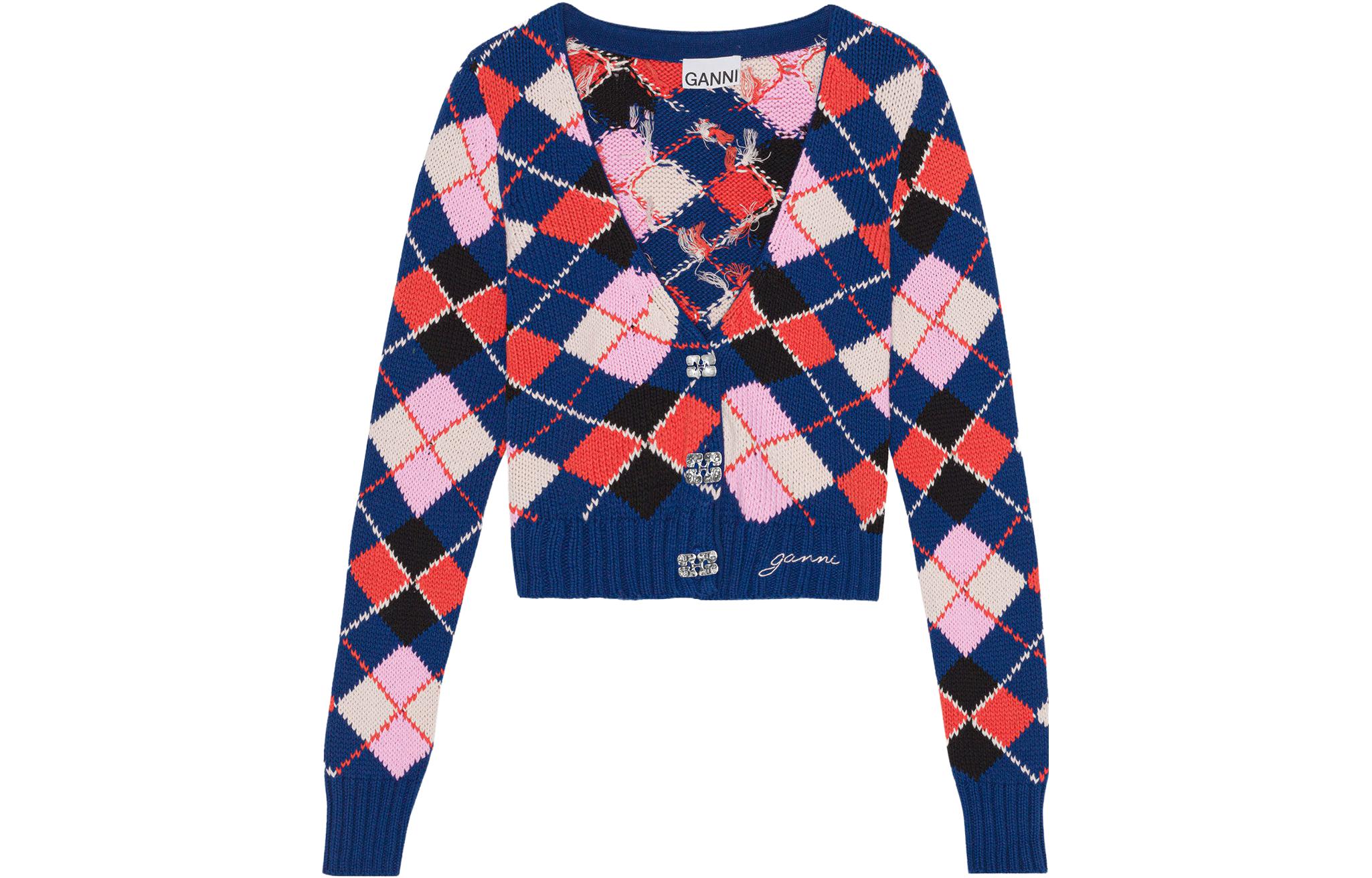 (Women) GANNI  Cotton V-Neck Cardigan in Lazurite Blue. K2045-756