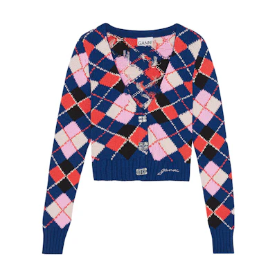 (Women) GANNI Cotton V-Neck Cardigan in Lazurite Blue. K2045-756