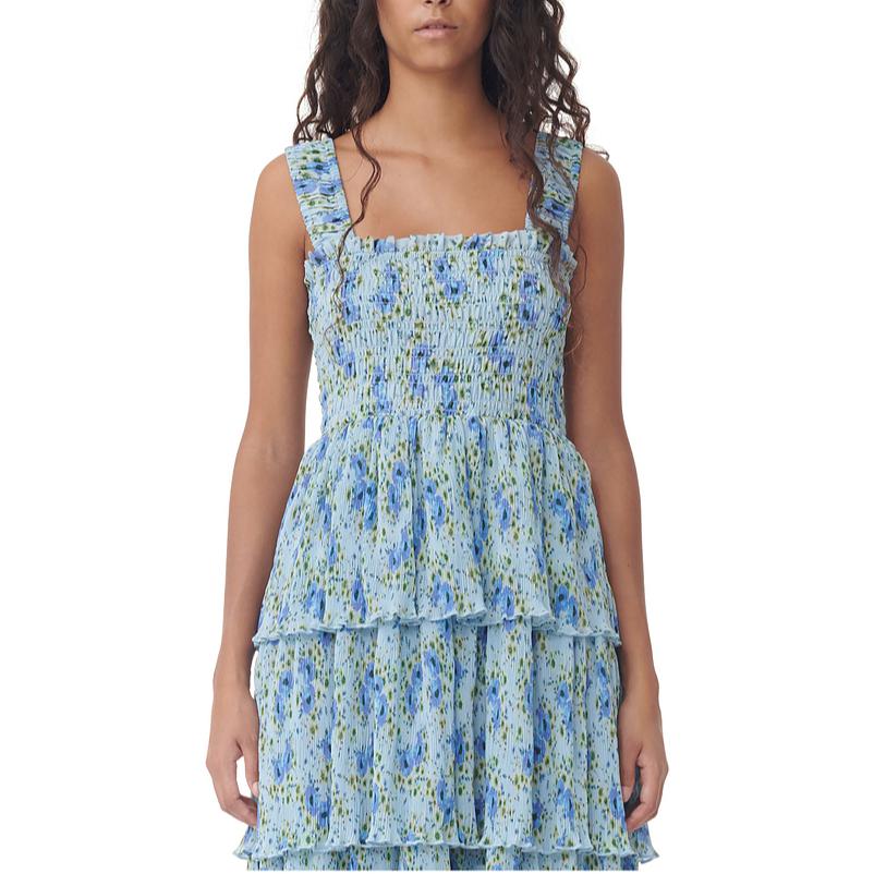 Lookbook (W) GANNI Dress Lipit Bunga Berlapis Warna Biru Ice Water. F9128495