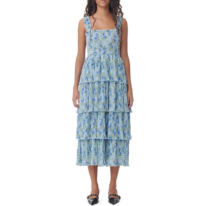 Shop (W) GANNI Dress Lipit Bunga Berlapis Warna Biru Ice Water. F9128495