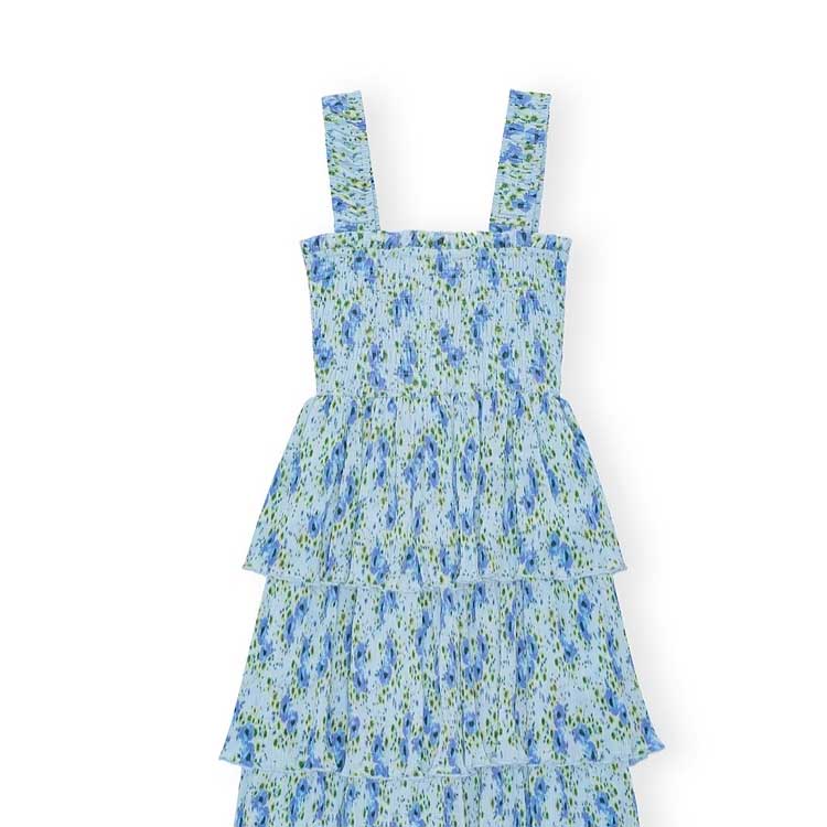 Sizing (W) GANNI Dress Lipit Bunga Berlapis Warna Biru Ice Water. F9128495