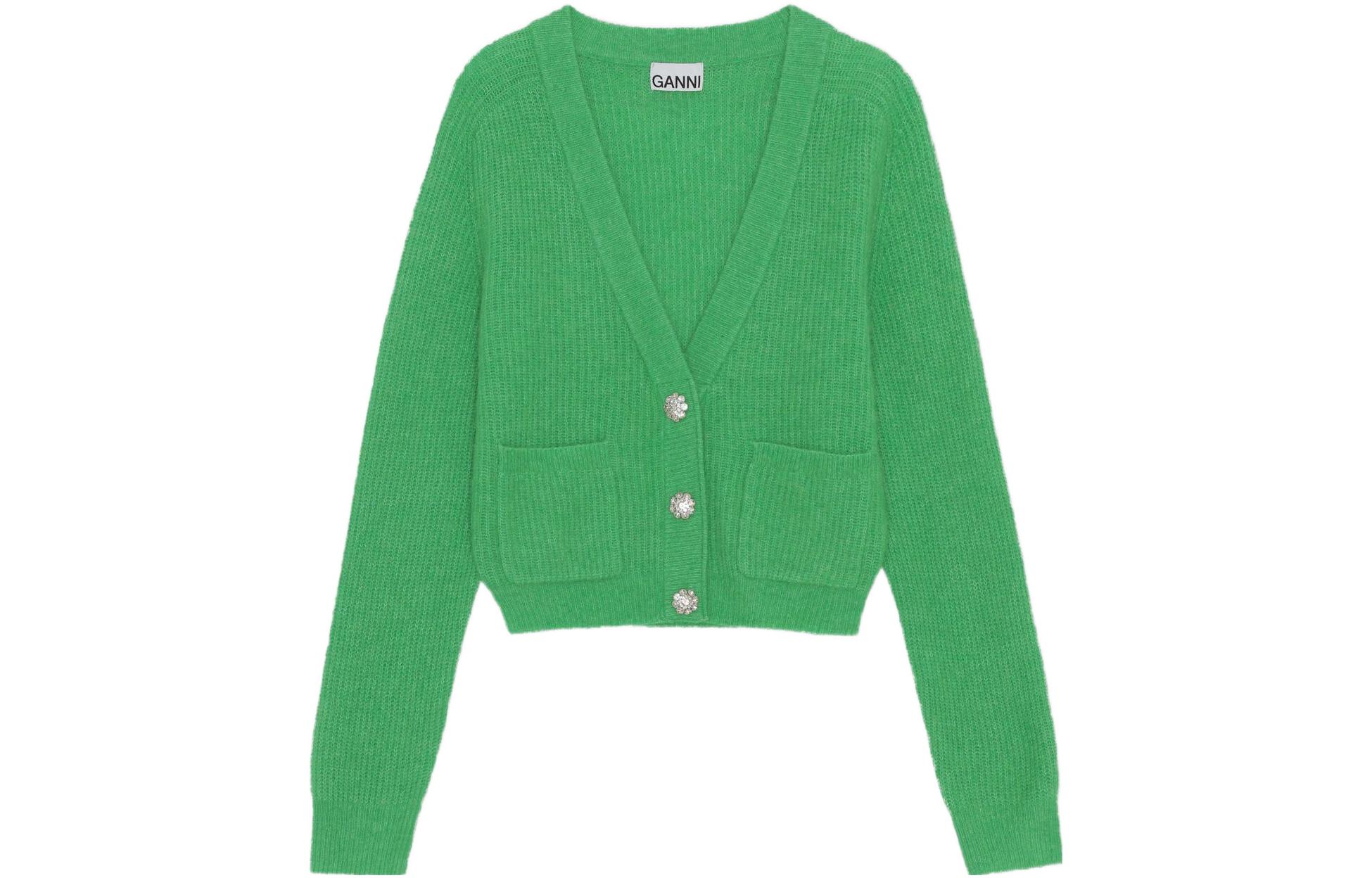 (Women) GANNI  Green V-Neck Button-Up Long Sleeve Sweater K1739-801