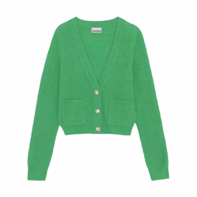 (Women) GANNI Green V-Neck Button-Up Long Sleeve Sweater K1739-801