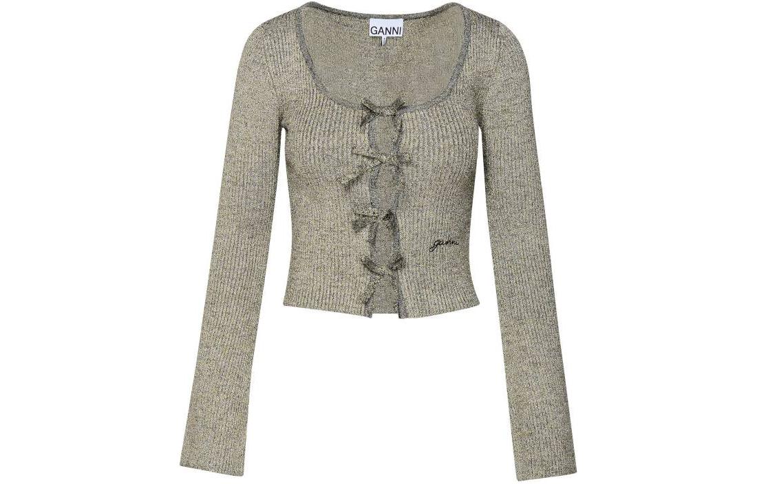 (Women) GANNI  Grey Knit Cardigan Sweater with Single Button and Crewneck. K2069-018