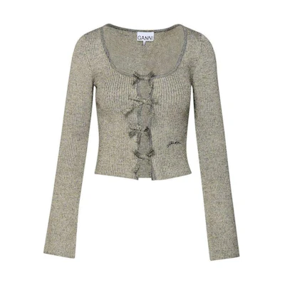 (Women) GANNI Grey Knit Cardigan Sweater with Single Button and Crewneck. K2069-018