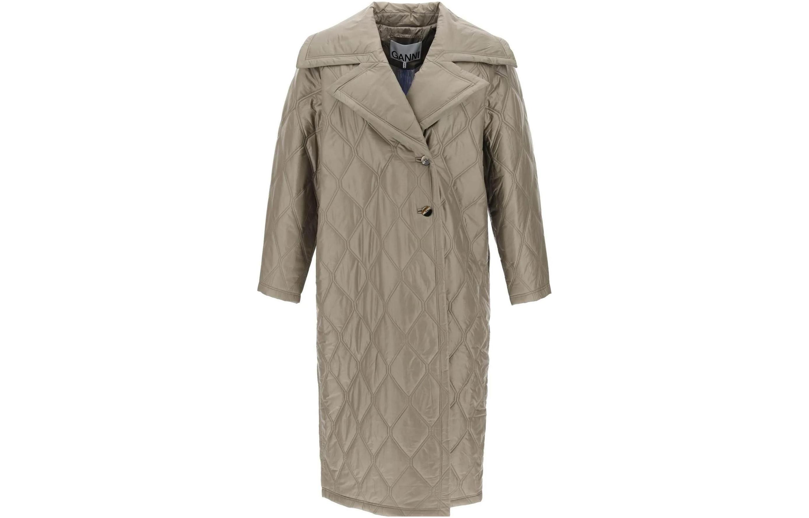 (Women) GANNI  Khaki Long Sleeve Mid-Length Coat with Solid Color Design F8577-019