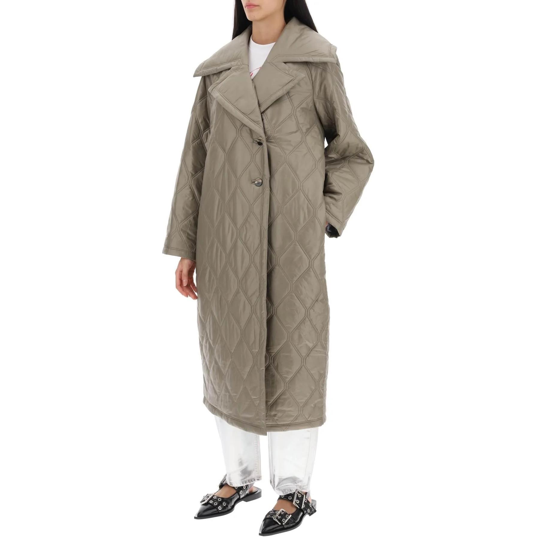 Lookbook (W) 가니 카키 솔리드 컬러 디자인 긴팔 미디 코트 F8577-019