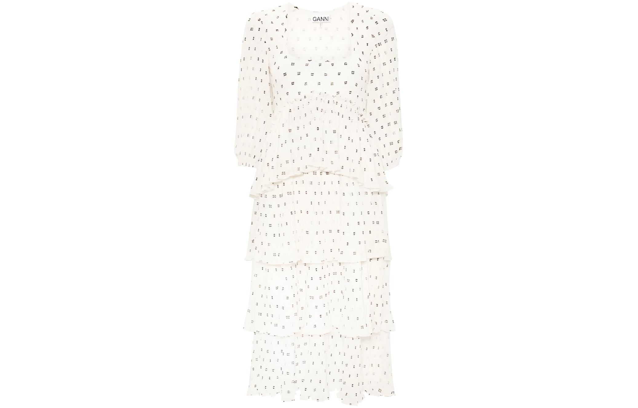 (Women) GANNI  Long Ruffle Prairie Style Casual Long Sleeve Dress - White F8691-135