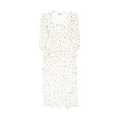 (Women) GANNI Long Ruffle Prairie Style Casual Long Sleeve Dress - White F8691-135