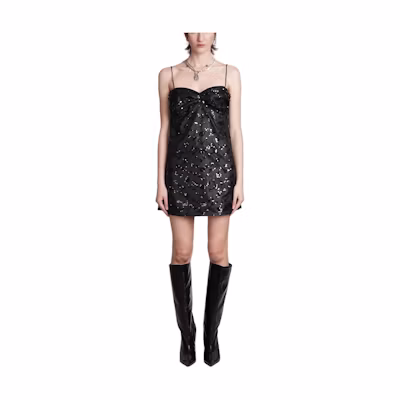(Women) GANNI Minimalist Sleek Satin Short Slip Dress in Black. F9174-099