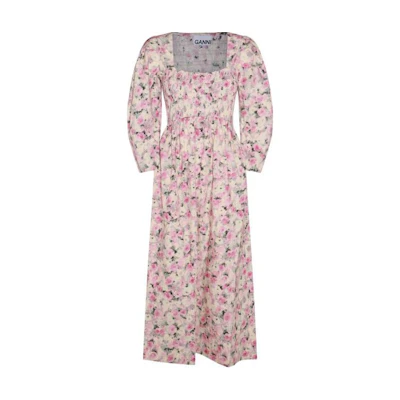 (Women) GANNI Pink Floral Print Cotton Long Sleeve Smock Maxi Dress F8711-787