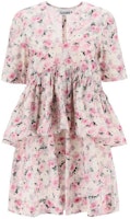 (Women) GANNI Pink Floral Ruffled V-Neck Short Sleeve Cotton Mini Dress. F8713-787 (Women) GANNI Pink Floral Ruffled V-Neck Short Sleeve Cotton Mini Dress. F8713-787