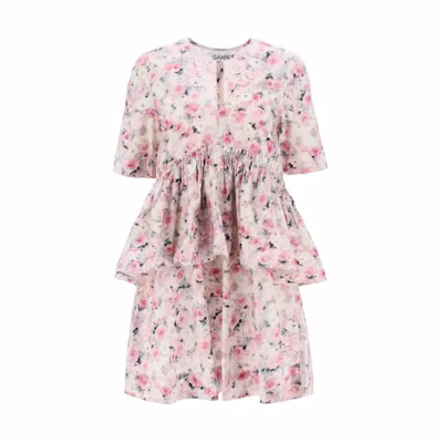 (Women) GANNI Pink Floral Ruffled V-Neck Short Sleeve Cotton Mini Dress. F8713-787