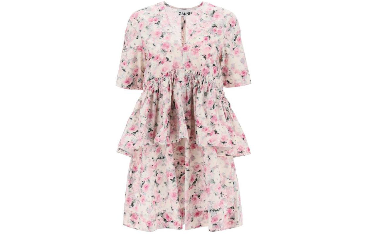 Order (W) GANNI Gaun Mini Kapas Merah Jambu Berbunga dengan Leher-V & Lengan Pendek. F8713-787