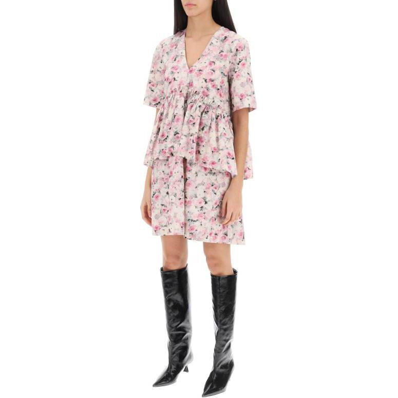 Lookbook (W) GANNI Gaun Mini Kapas Merah Jambu Berbunga dengan Leher-V & Lengan Pendek. F8713-787