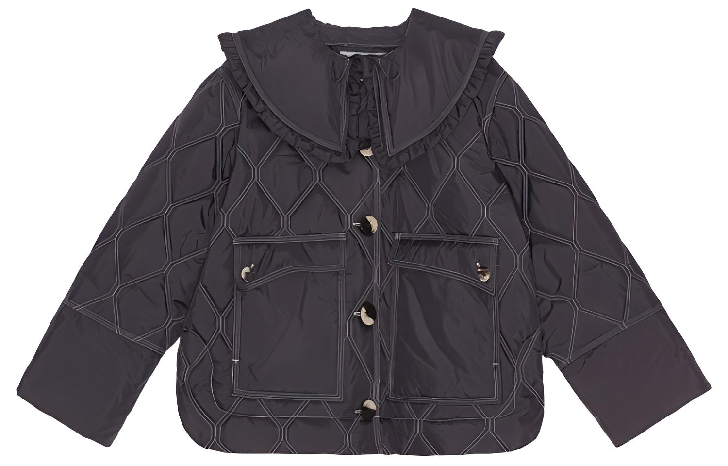 (Women) GANNI  Quilted Jacket with Ruffled Collar Solid Black F7630252