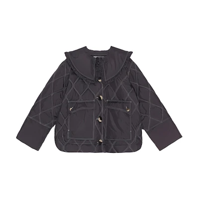 (Women) GANNI Quilted Jacket with Ruffled Collar Solid Black F7630252