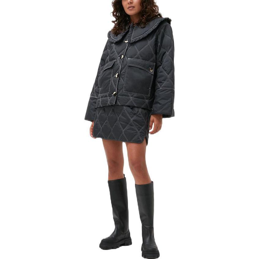 Lookbook (W) 가니 퀼팅 자켓 러플 칼라 솔리드 블랙 F7630252