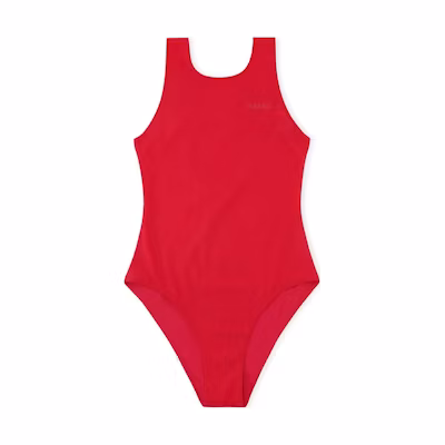 (Women) GANNI Red Logo Print Backless Jumpsuit with Mid-Rise Design. A4050472-RED