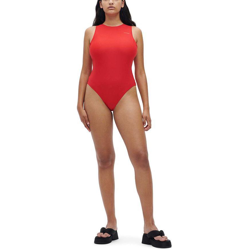 Lookbook (Women) GANNI  Red Logo Print Backless Jumpsuit with Mid-Rise Design. A4050472-RED