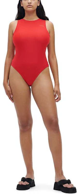 (Women) GANNI Red Logo Print Backless Jumpsuit with Mid-Rise Design. A4050472-RED Lookbook (Women) GANNI Red Logo Print Backless Jumpsuit with Mid-Rise Design. A4050472-RED