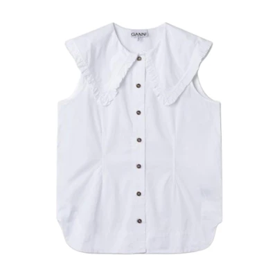 (Women) GANNI Sleeveless Cotton Shirt with Lace Collar White F4715-151