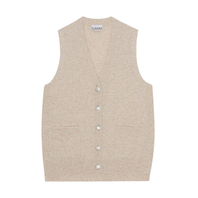 (Women) GANNI Sleeveless V-Neck Button-Up Vest Khaki Color. K2063-873