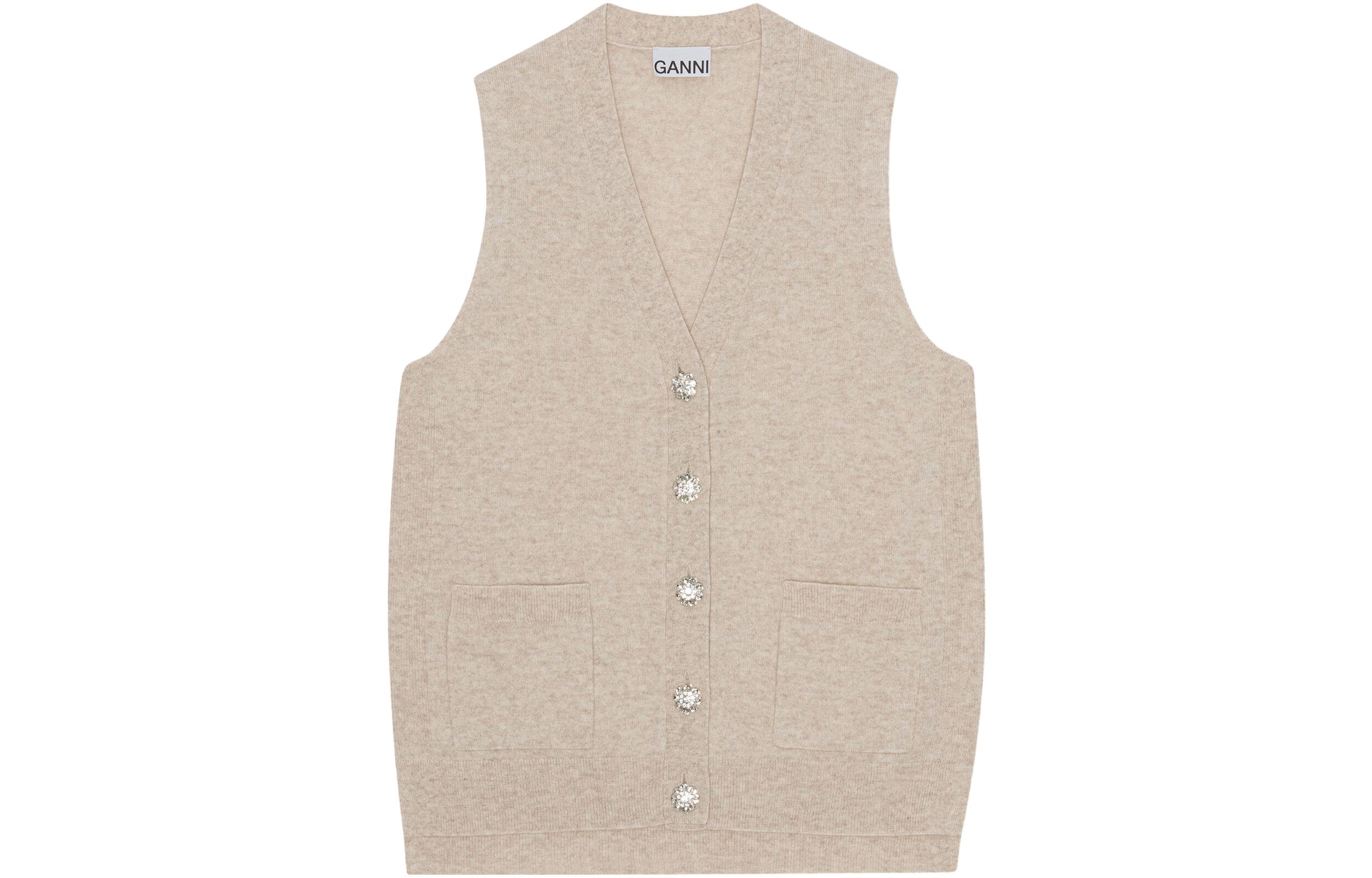 Order (W) GANNI 無袖V領卡其色扣式背心。 K2063-873