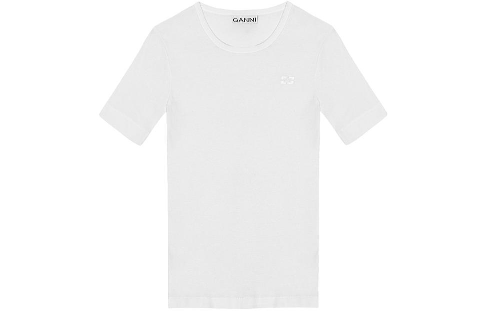 Order (W) GANNI Slim-Fit T-Shirt Logo Rama-Rama Sulaman Leher Bulat Putih SS24 T3941151