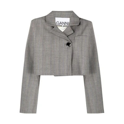 (Women) GANNI Slim Fit Single-Button Cropped Long Sleeve Jacket Light Grey. F8213-523
