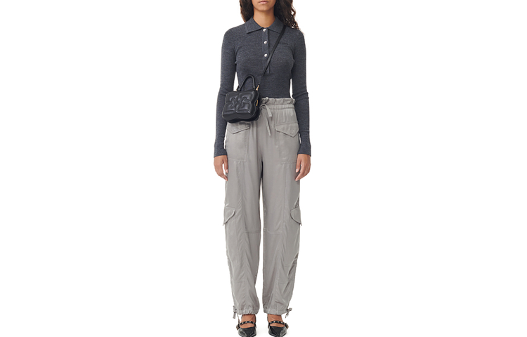 Order (W) 가니 솔리드 컬러 엘라스틱 웨이스트 캐주얼 카고 팬츠 프로스트 그레이. F8609523