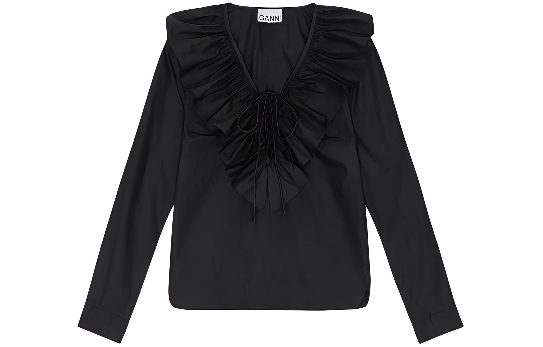 (Women) GANNI  Solid V-Neck Long-Sleeve Shirt Black F9059-099