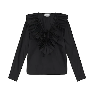 (Women) GANNI Solid V-Neck Long-Sleeve Shirt Black F9059-099