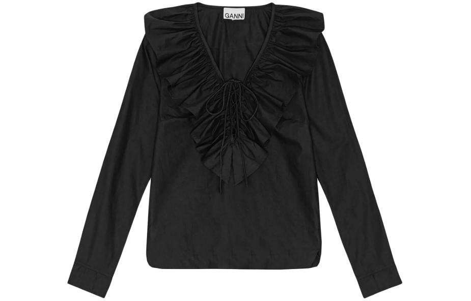 Order (W) 가니 솔리드 브이넥 긴소매 셔츠 블랙 F9059-099