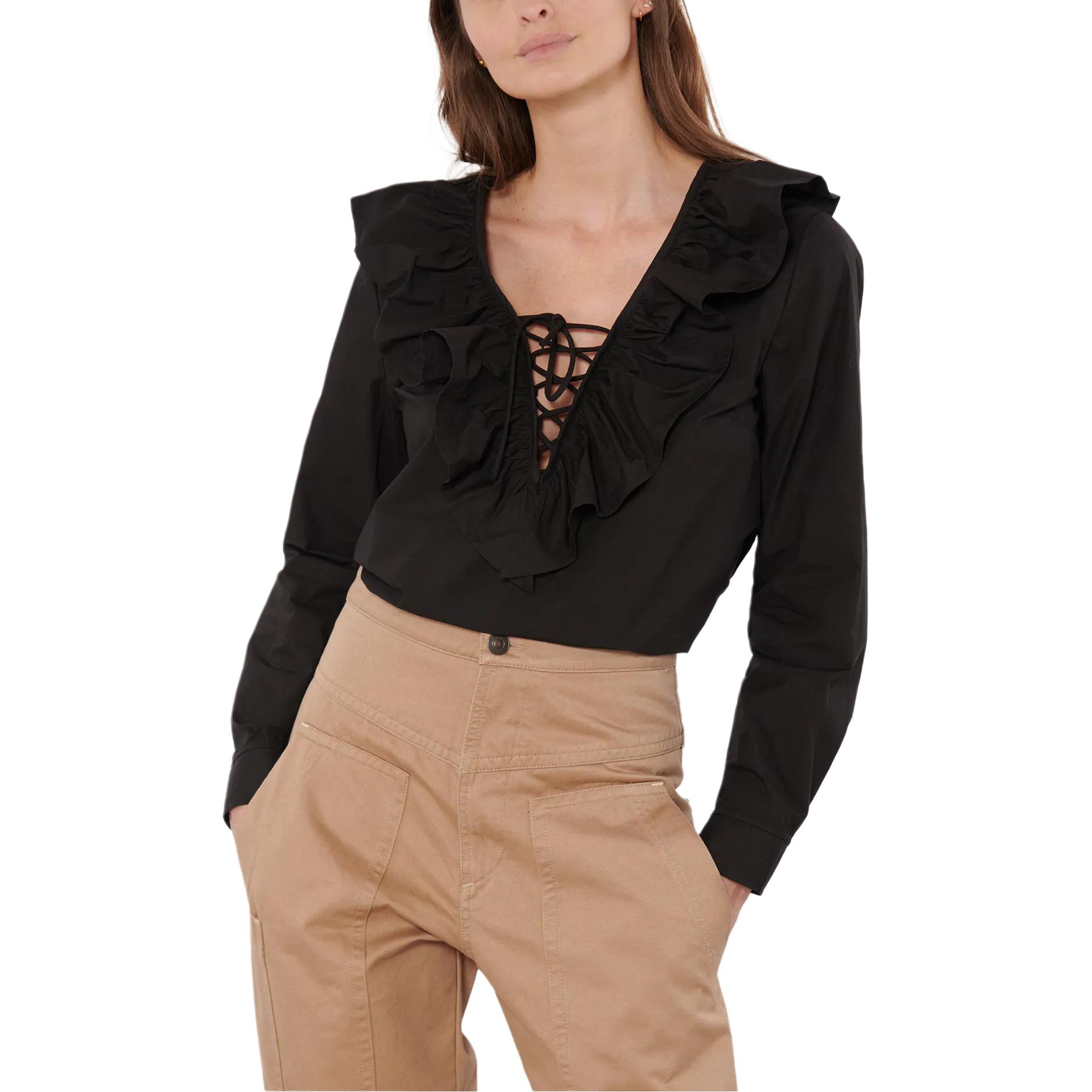 Shop (W) 가니 솔리드 브이넥 긴소매 셔츠 블랙 F9059-099