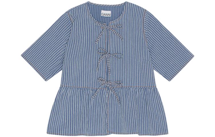 (Women) GANNI  Striped Bow Tie 3/4 Sleeve Shirt - Mid Blue Gray J1314566